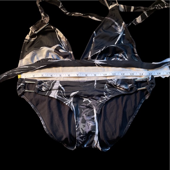 Black White Grey Leaf Print Bikini Tie Around the neck, Silver Plates for effect - Picture 7 of 10